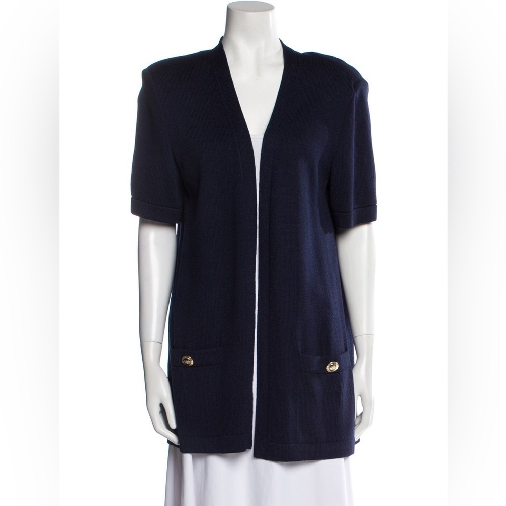 St. John Basic Collection Navy Blue Open Front Short Sleeve Knit Cardigan US M